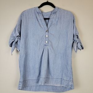 Trina Turk top - light blue linen blend (like denim), short sleeves,  v neck, XS